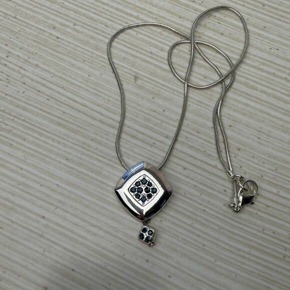 White Gold Pendant Necklace with Blue Gemstones Dangling Charm 16 in Chain - Picture 6 of 11